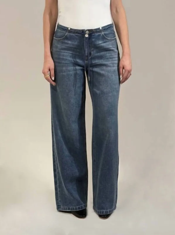 Western Drawstring Wide Leg Jeans In Dark Blue