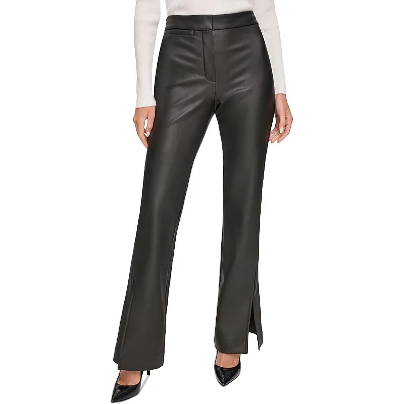 DKNY Womens Mid-Rise Faux Leather Flared Pants