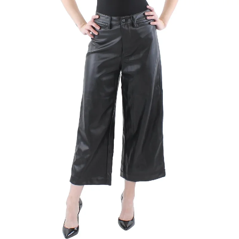 OAT New York Womens Faux Leather Cropped Wide Leg Pants