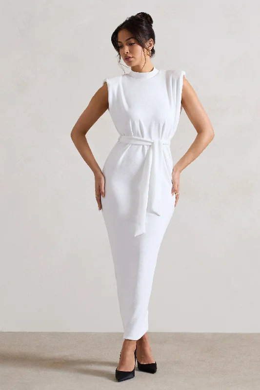 Abbie | White High-Neck Maxi Dress With Tie Waist