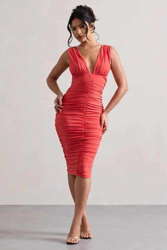 Attract | Coral Ruched Plunge-Neck Midi Dress