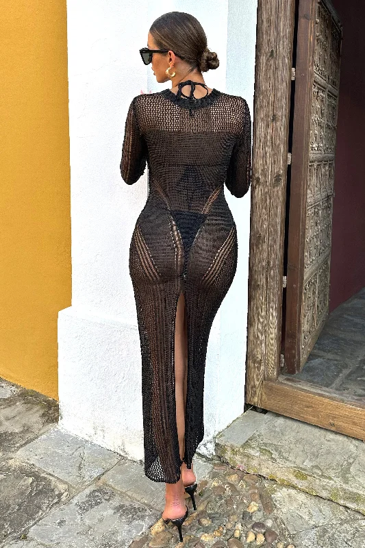 Caribbean | Black Crochet Long-Sleeve Split Maxi Dress