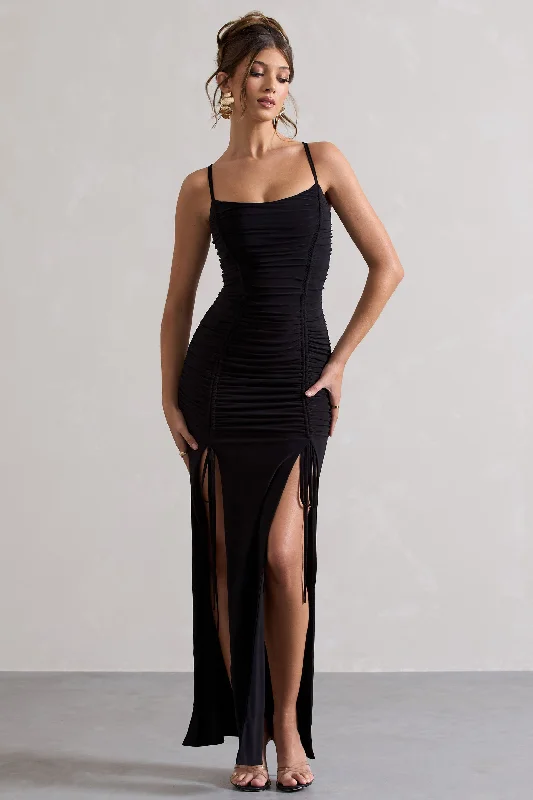 Devon | Black Ruched Strappy Maxi Dress With Splits