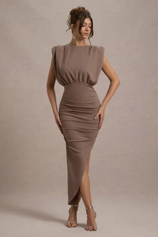 Jennifer | Mocha Sleeveless Maxi Dress With Asymmetric Hem