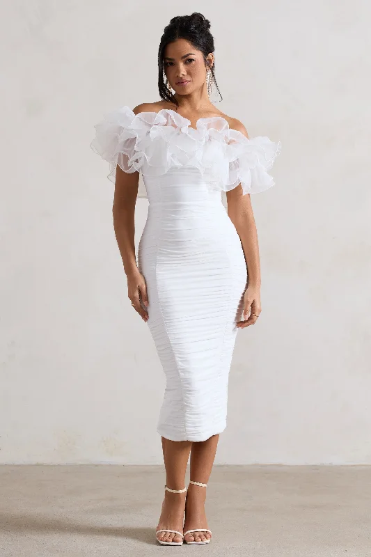 Ladylike | White Ruched Bardot Midi Dress With Organza Trim