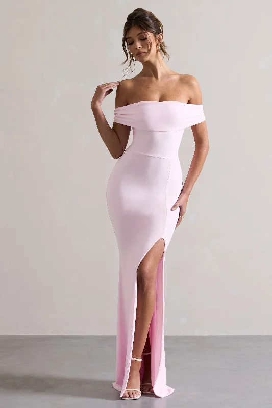 Law of Attraction | Pink Bardot Draped Split Maxi Dress