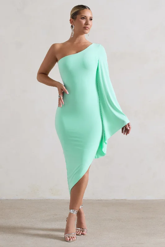 My Level | Mint Asymmetric Midi Dress With Cape Sleeve