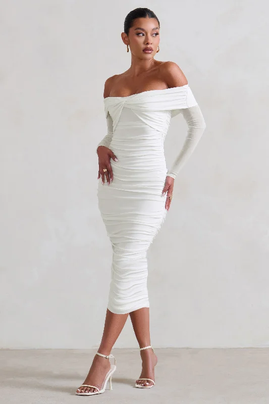 Neva | White Bardot Twist Midi Dress