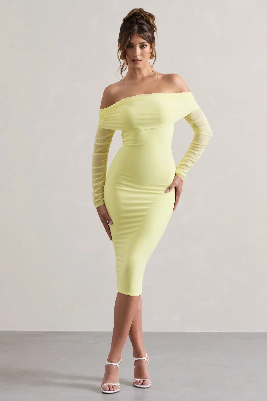 Only You | Lemon Ruched Mesh Bardot Midi Dress