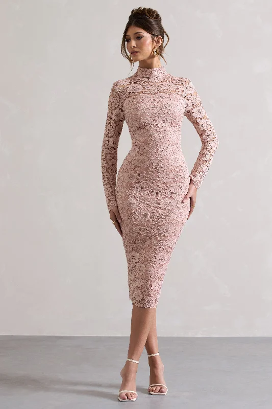 Rumour | Blush Pink Lace High-Neck Midi Dress