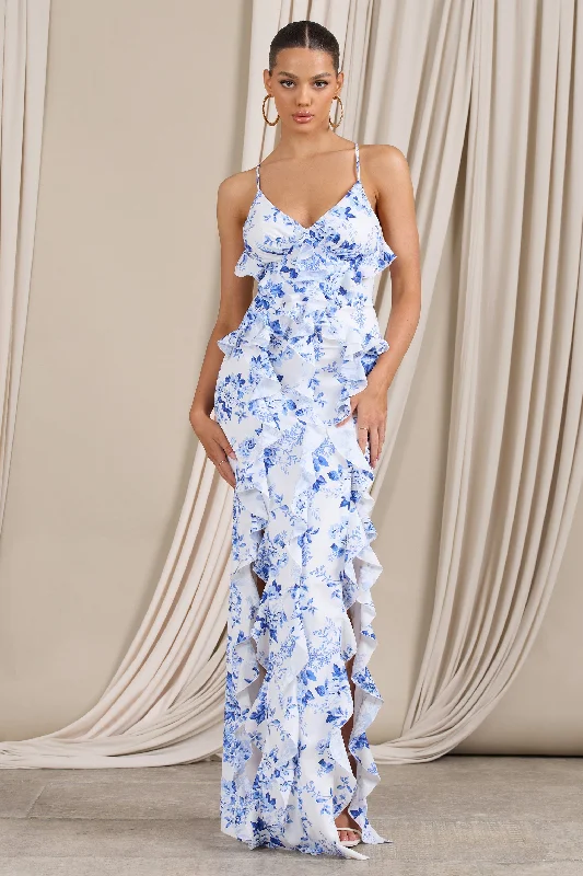 Syrah | Blue Floral Ruffled Strappy Maxi Dress