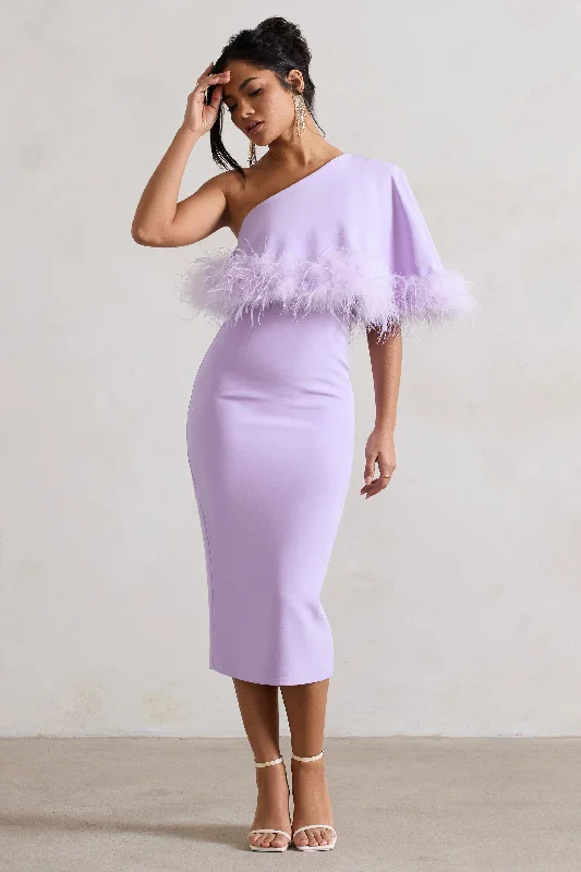 Victory | Lilac One Shoulder Midi Dress With Feather Trim