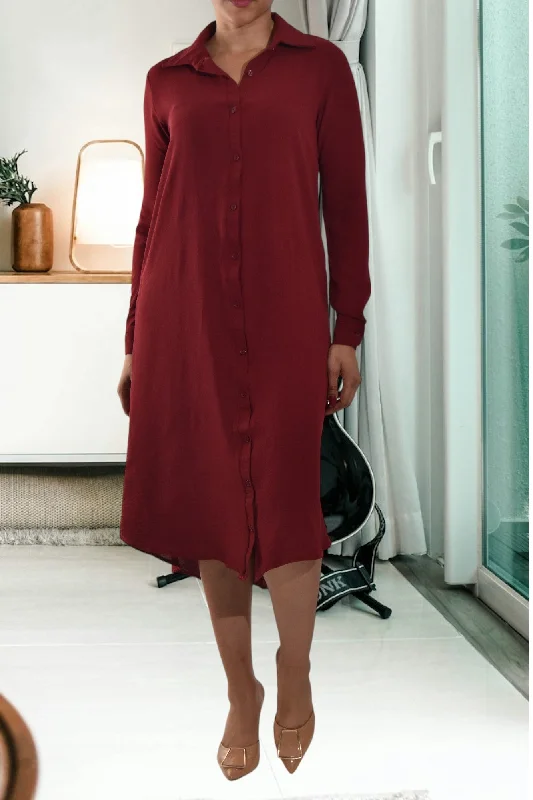 Maroon  Collar Button Front Dress