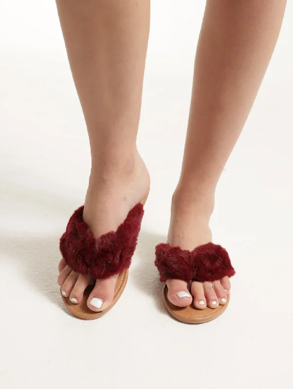 Maroon Fluffy Thong Slides