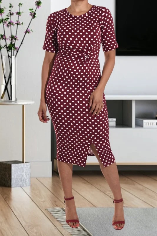 Maroon Polka Dot Tie Front Dress