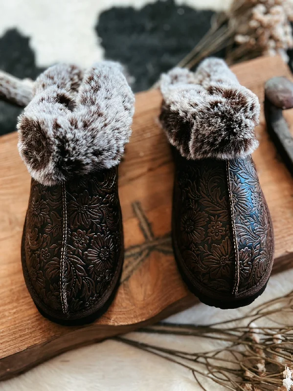 Very G Chocolate Tooled Print Faux Leather Fuzzy Slippers