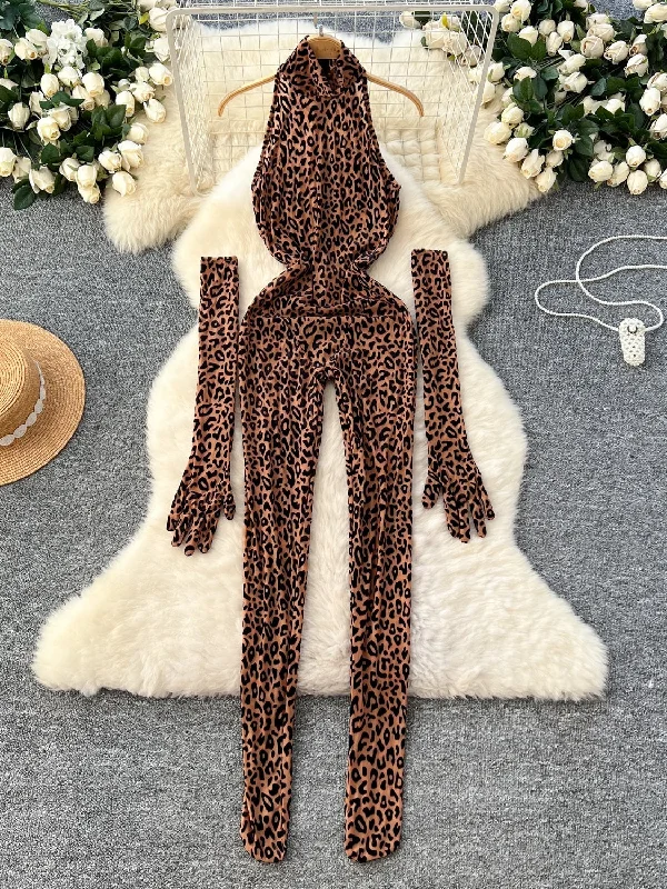 Animal Print Halter Sexy Jumpsuit With Gloves