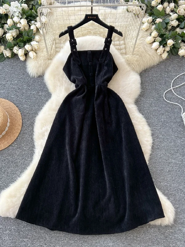 Black Button Straps Velvet Midi Dress