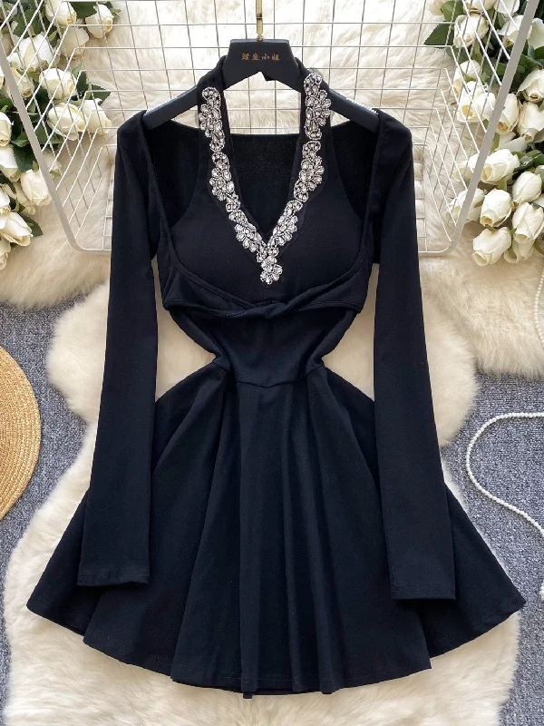 Black Halter Beading Crystal Mini Dress