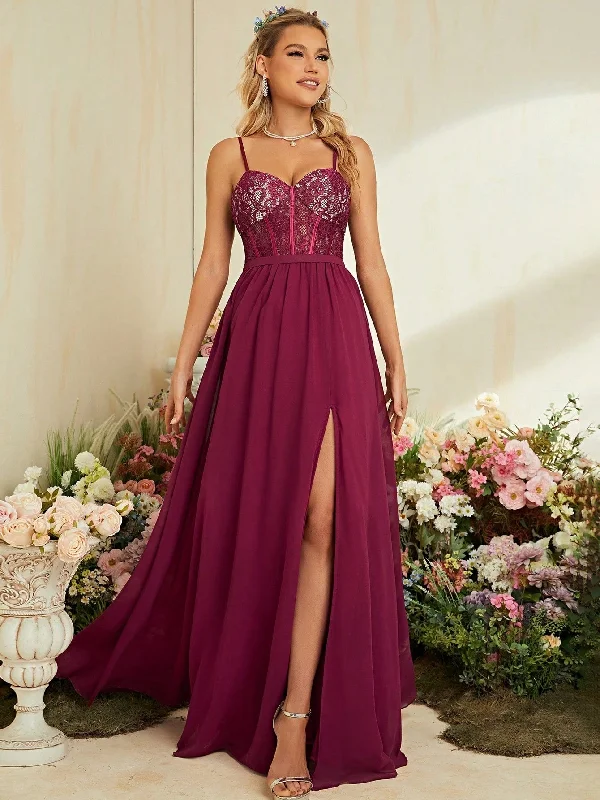 Burgundy Chiffon A Line Sheer Lace Prom Dress With Slit