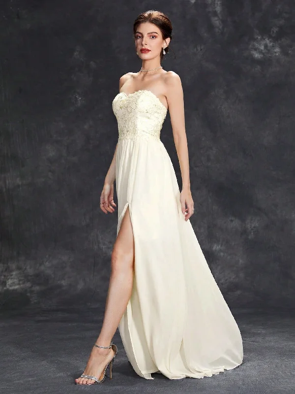 Chiffon Sweetheart Ivory A Line Appliques Wedding Dress With Slit