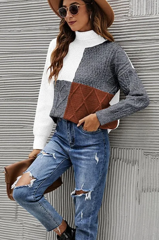 WOMEN TURTLE NECK COLOR BLOCK KNIT SWEATER