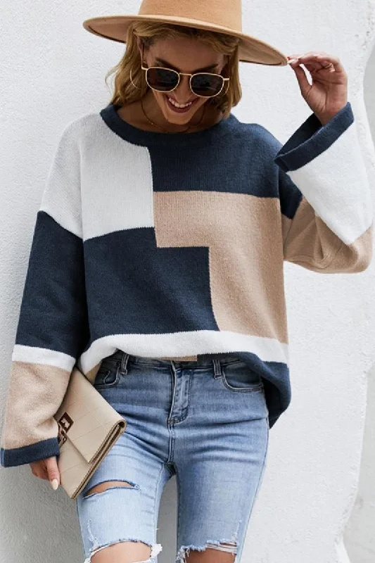 WOMEN ROUND NECK LONG SLEEVE KNIT SWEATER