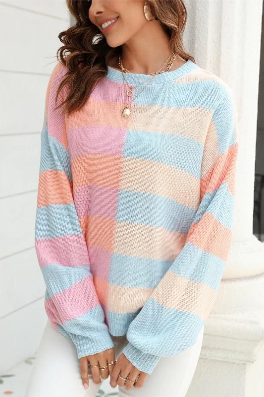 SPLICED STRIPED LOOSE KNIT PULLOVER SWEATER