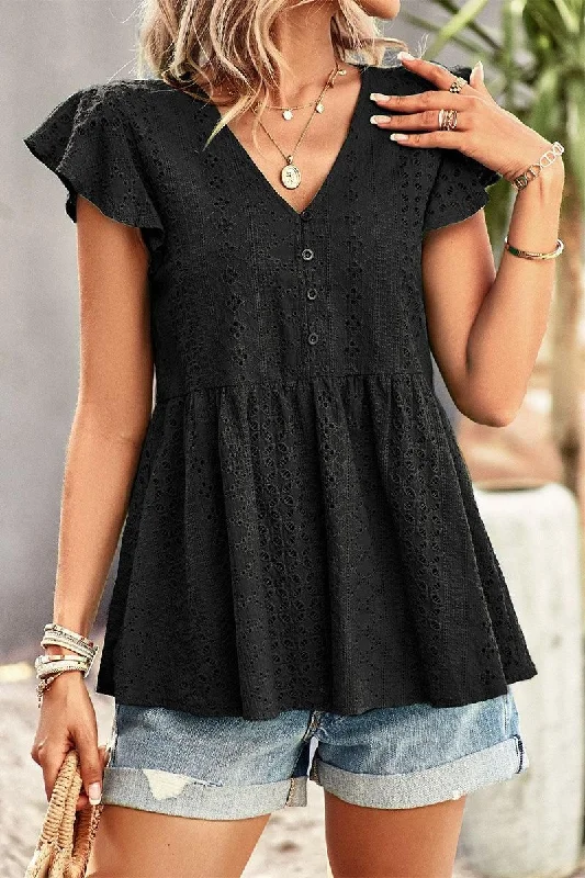 V NECK PUNCHING LACE RUFFLED TUNIC TOP