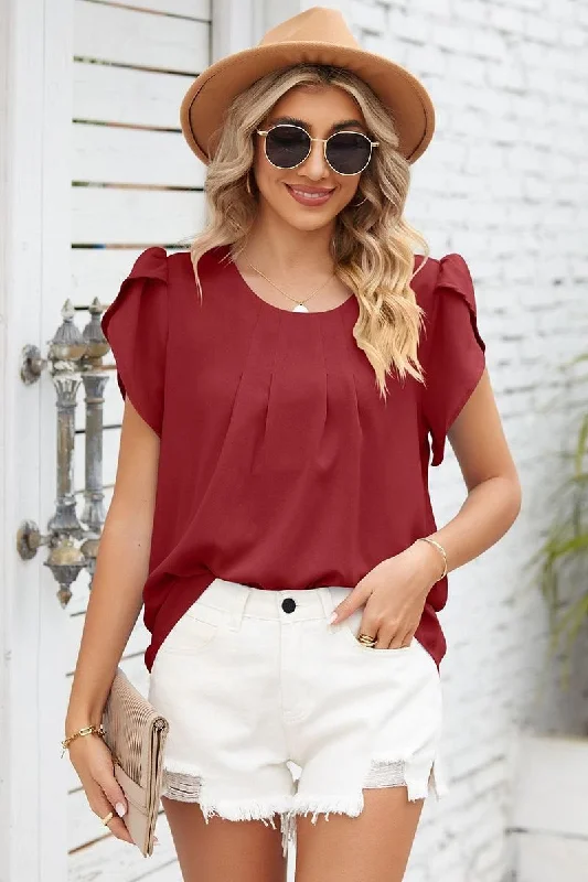 SHORT PETAL SLEEVE WOMEN BASIC BLOUSE