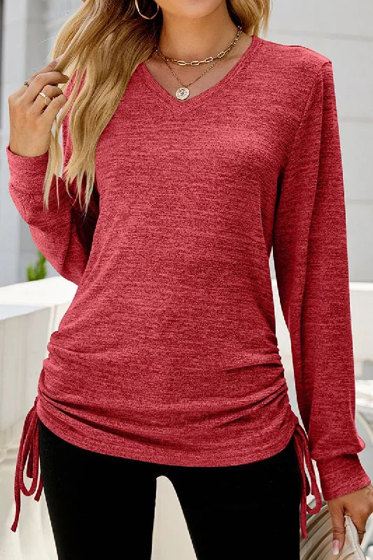 WOMEN V NECK SIDE DRAWSTRING PULLOVER TOP