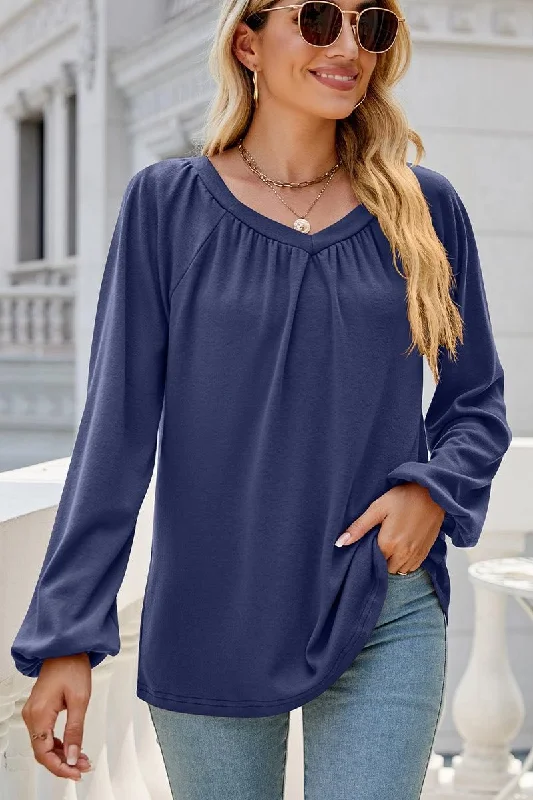 WOMEN SHIRRED LONG LANTERN SLEEVE LOOSE FIT TEE