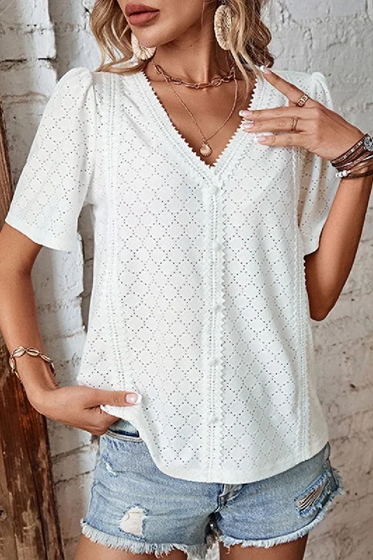 V NECK PUNCHING LACE BUTTON DOWN WOMEN SHIRT