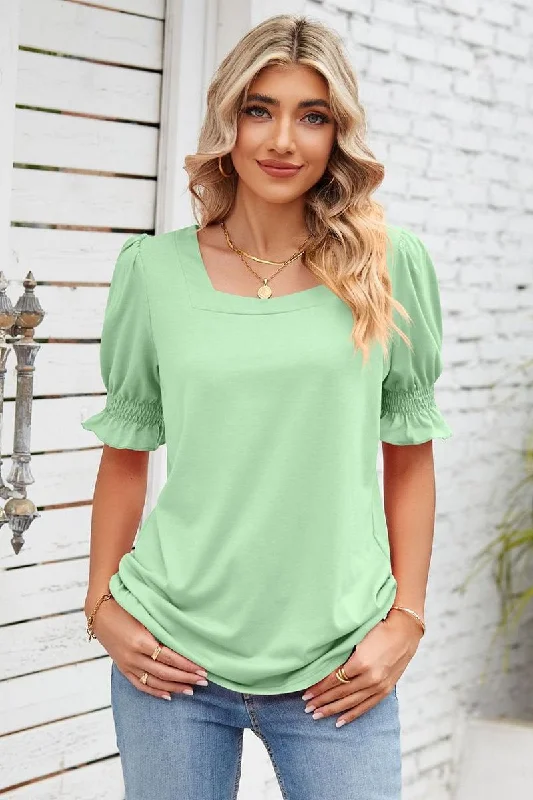 SQUARE NECK RUFFLED SHORT SLEEVE WOMEN T SHIRTS