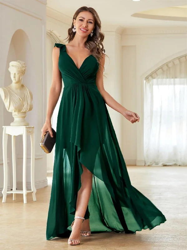 Green V Neck High Low Chiffon Prom Dress