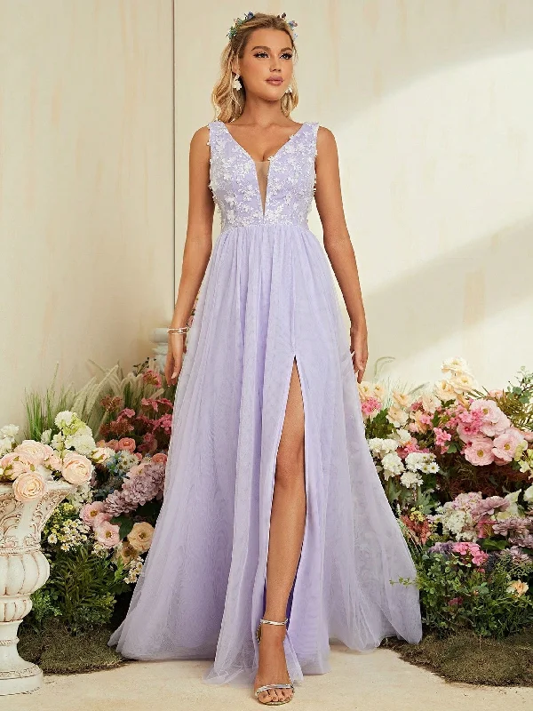 Lavender Lace Backless V Neck Appliques Prom Dress With Slit