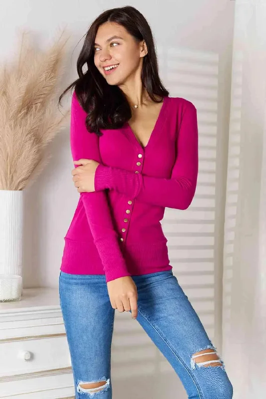 Versatile Magenta V-Neck Long Sleeve Cardigan Top for Women