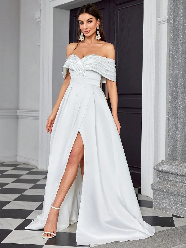 Off The Shoulder Ruched A Line Wedding Dress With Slit