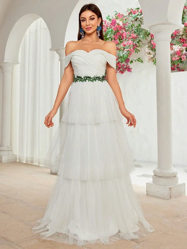 Off The Shouler Layer Tulle Belt Lace Wedding Dress