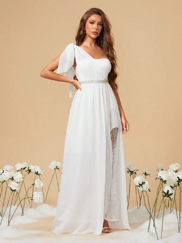 One Shoulder Chiffon Pearl Belt Wedding Dress With Slit