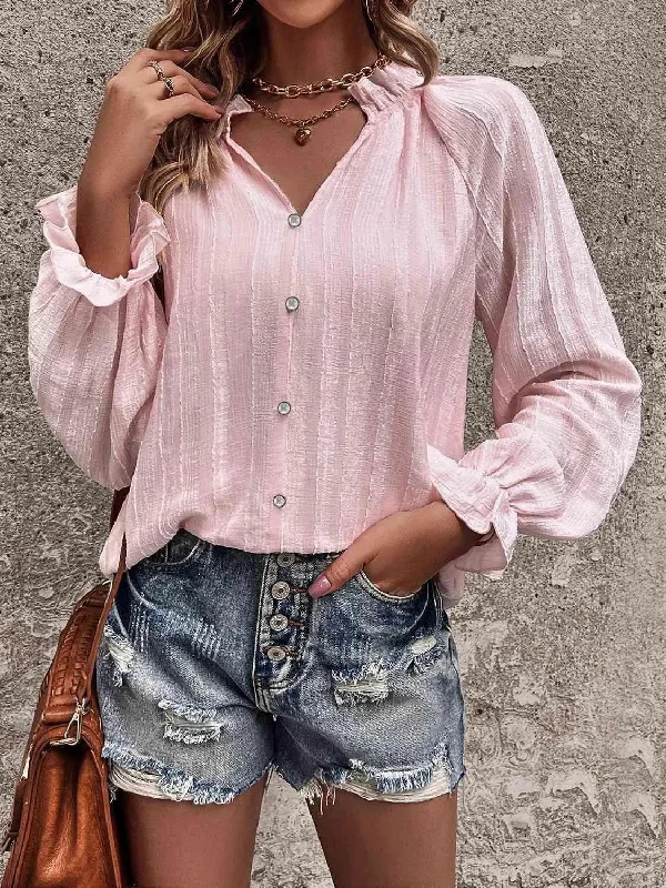 Stylish Notched Neck Flounce Sleeve Shirt for Women