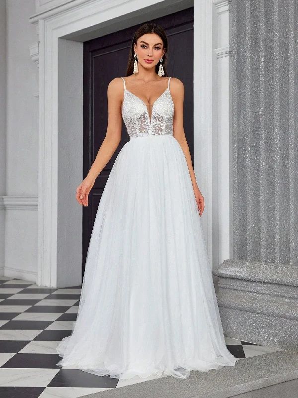 V Neck Sheer Mesh Tulle A Line Wedding Dress